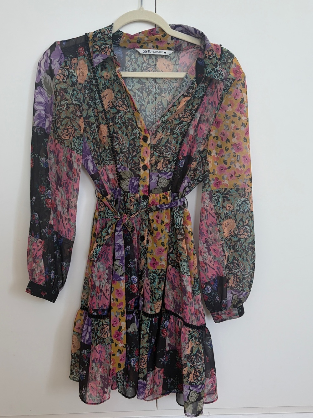 Zara Multicolor Floral Patchwork Belted Sheer Long-Sleeve Mini Dress